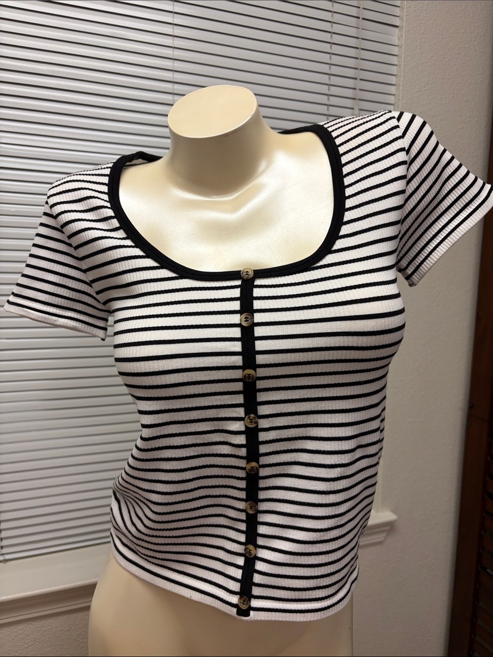 Derek Heart Black & White Striped Button-Front Scoop Crop Top